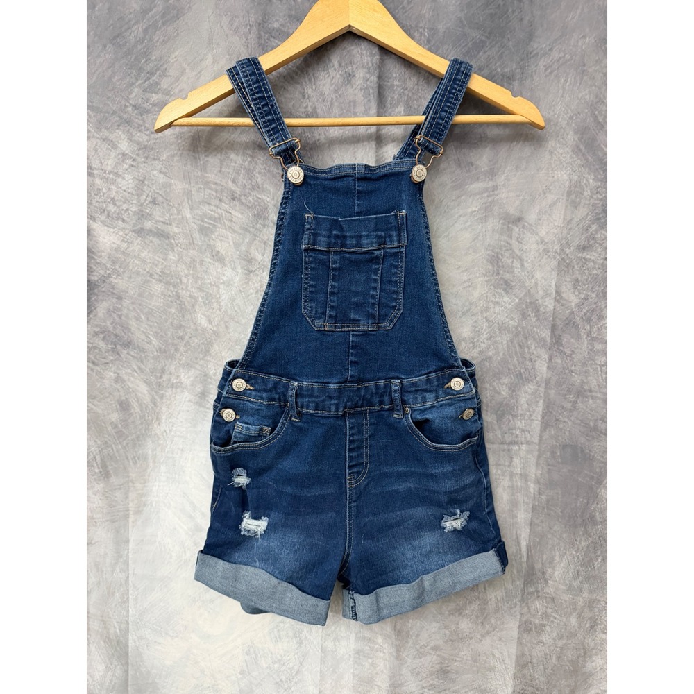 YMI Jeans Womens Denim Shortalls Dark Wash Distressed Cuffed Overalls Size 1/25